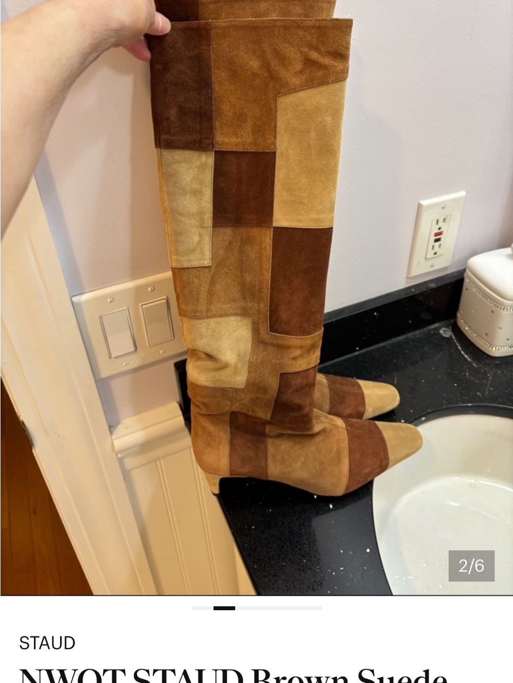 NWOT STAUD Patchwork Suede Boots in Brown and Tan - Picture 3 of 6